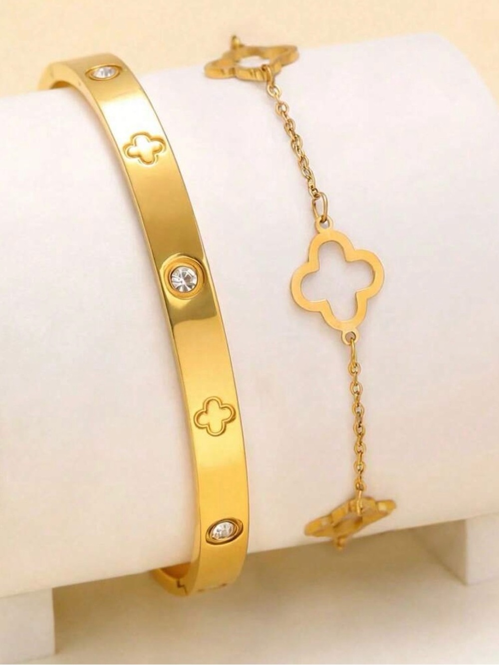 Gold Clover Accent Bangle and Chain Bracelet Set